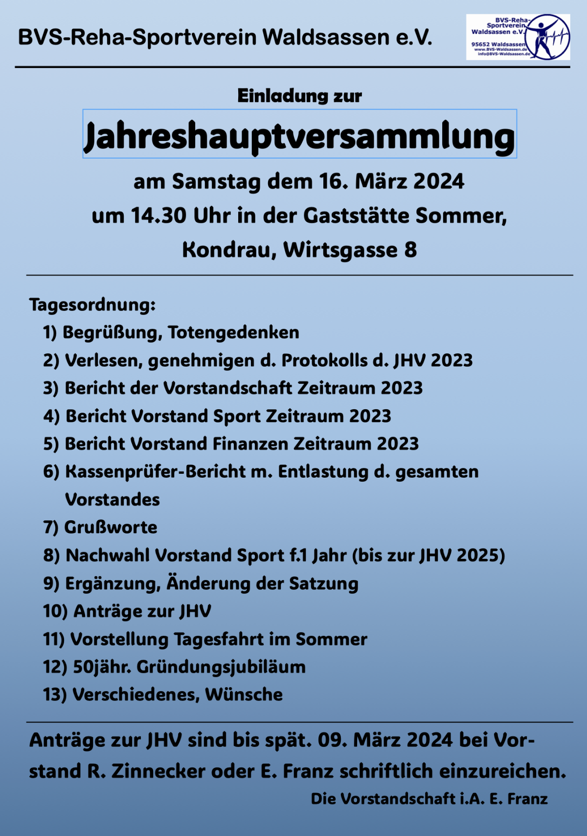 Einladung Zur Jahreshauptversammlung 2024 BVS Reha Sportverein